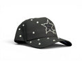 Gorra de béisbol negra JR Caps MTY con pedrería brillante, bordado de estrella y corazón en el frente.