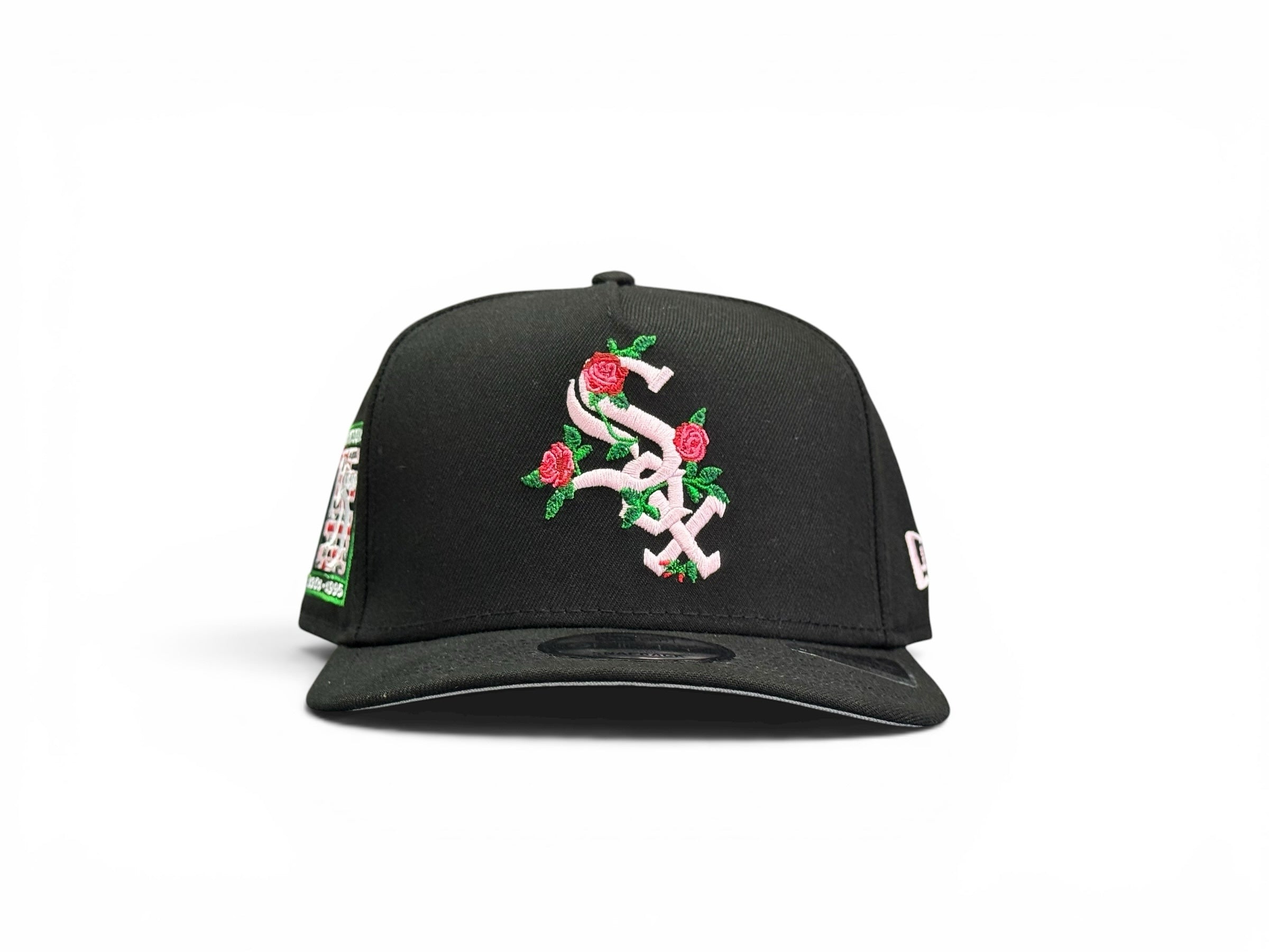 Gorra snapback negra JR Caps MTY de Chicago White Sox con bordado de rosas y parche conmemorativo lateral